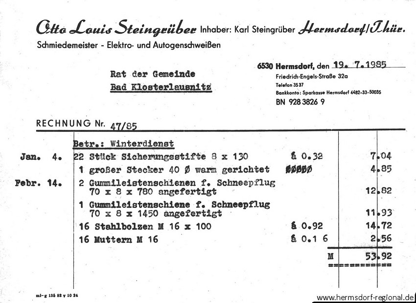 Rechnung von Karl Steingrüber vom 19.07.1985